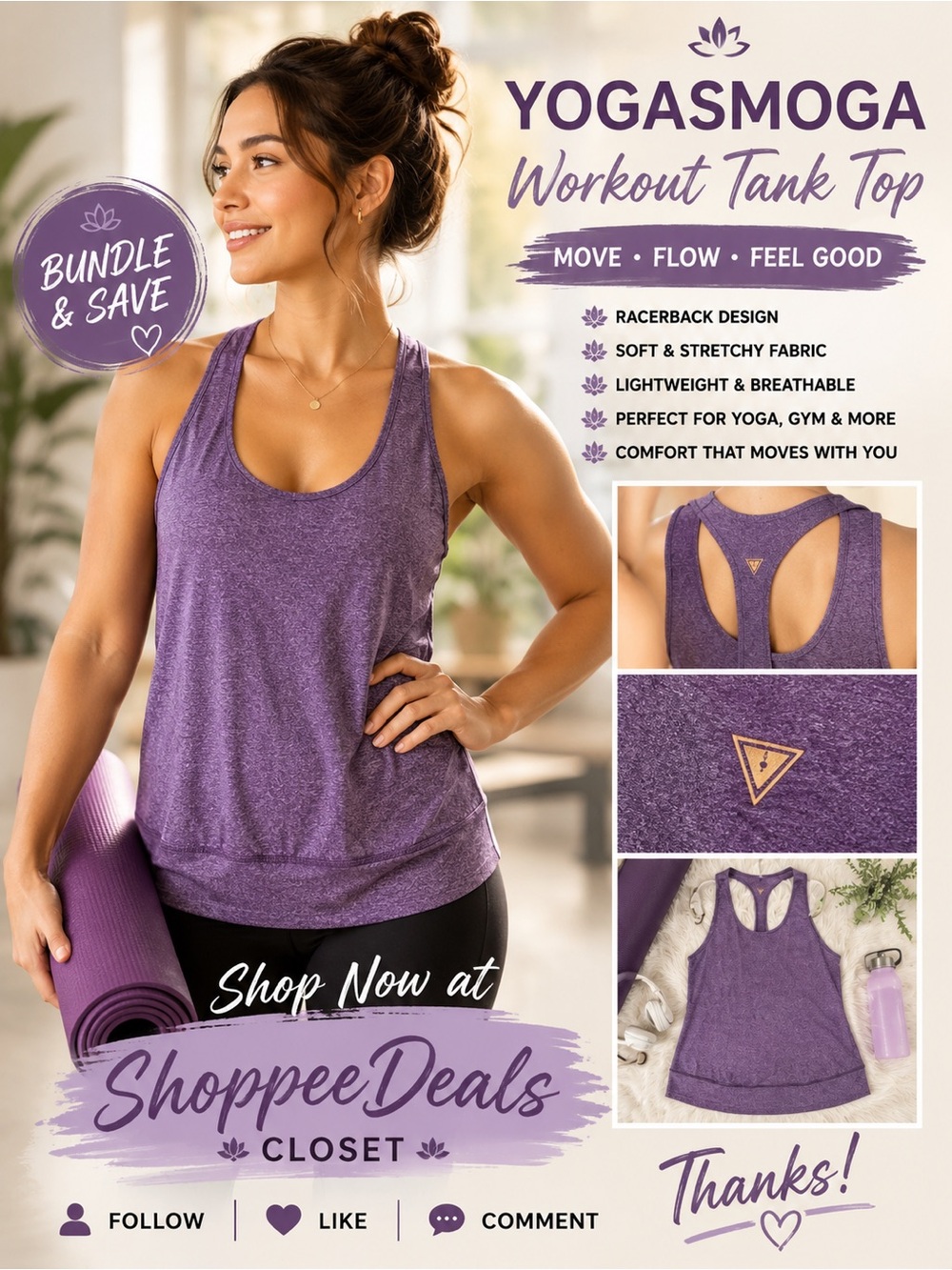 YOGASMOGA Heathered Purple Racerback Yoga Tank Top – Women’s